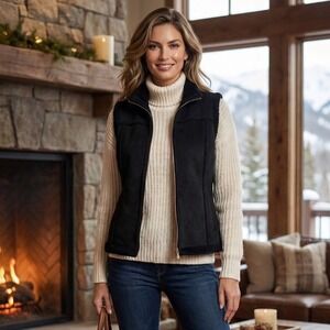 Liz Claiborne Women Faux Suede Sherpa Vest Size PM Cabin Chic Mob Wife Essential